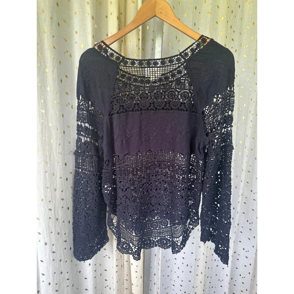 Anthropologie Deletta Navy Bohemian Crochet Lace Embroider Blouse Cover Up Top M